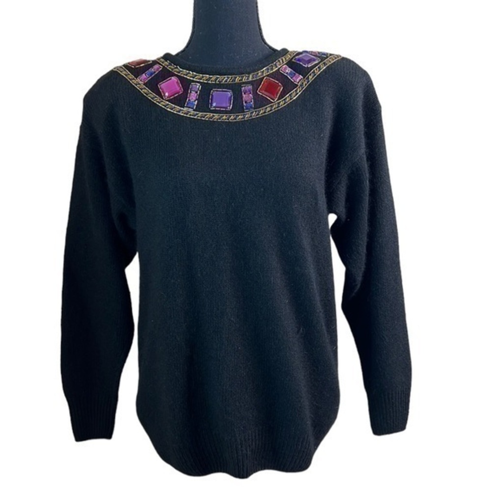 Santoria Women’s 90’s Vintage Silk Blend Jeweled Sweater Black Size Medium